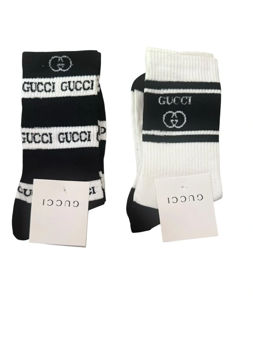 2 Pair Gucci Outlet Women’s Black & White Logo Crew Socks - Pack of 2